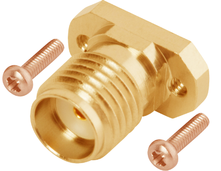 Picture of SMA Female Solderless Non-Magnetic LiteTouch PCB Connector, 2 Hole, with 4.76mm Screws (Stripline)